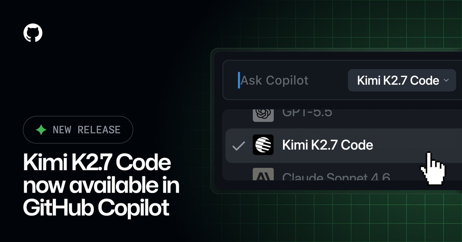 GitHub Copilot model picker 中 Kimi K2.7 被选中的界面截图