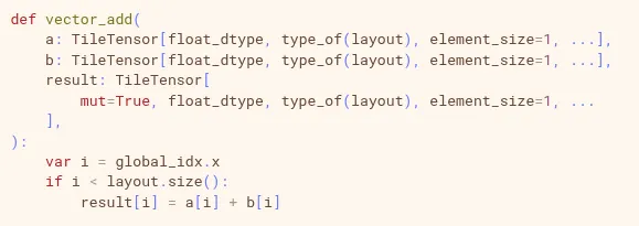 Mojo language GPU kernel example code screenshot (Phoronix)